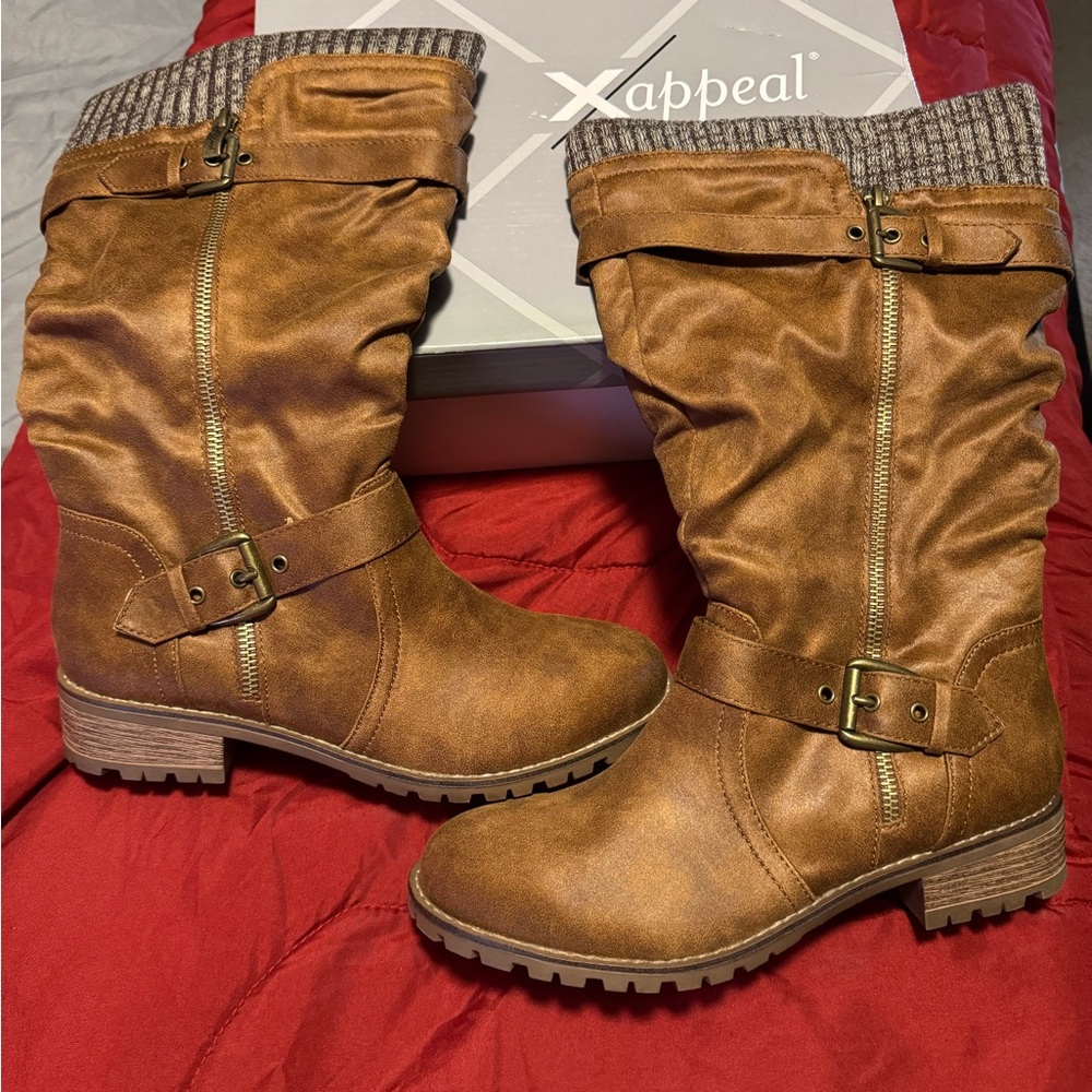 Xappeal Tan Winter Boots with Buckle Straps and Chunky Sole